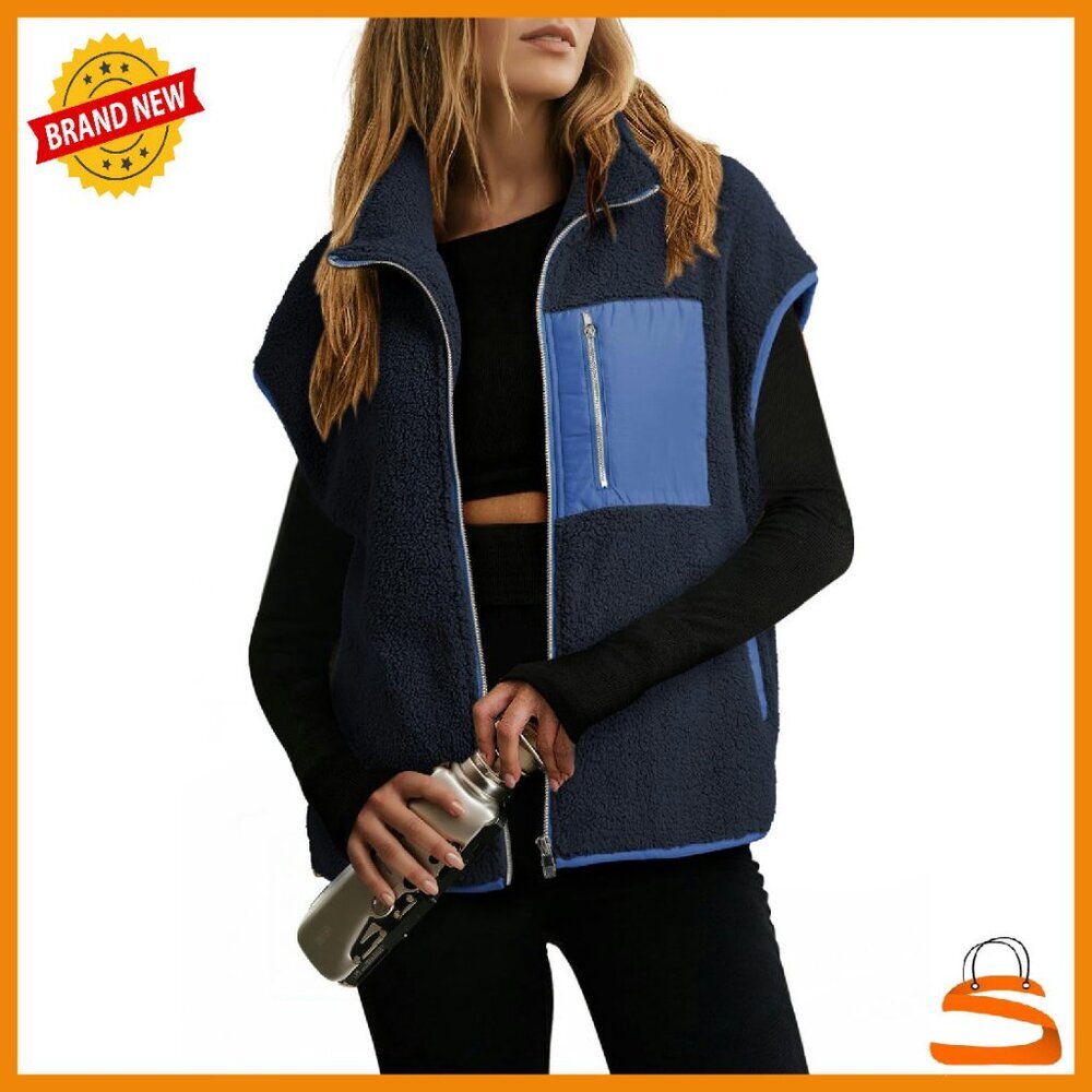 Women's Sherpa Fleece Vest Zip Up Oversized Cozy Layering Jacket